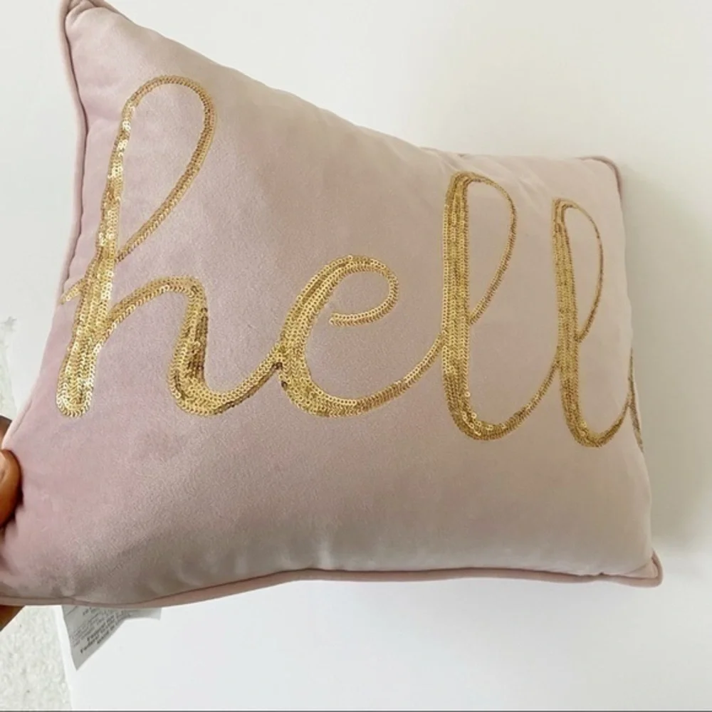 Pink and gold hello accent decorative pillow